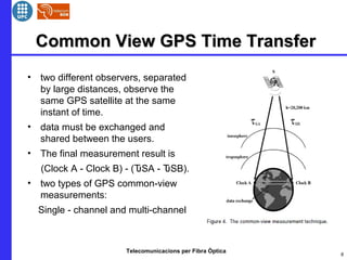 Telecomunicacions per Fibra Òptica
Common View GPS Time TransferCommon View GPS Time Transfer
• two different observers, separated
by large distances, observe the
same GPS satellite at the same
instant of time.
• data must be exchanged and
shared between the users.
• The final measurement result is
(Clock A - Clock B) - ( SA - SB).Ԏ Ԏ
• two types of GPS common-view
measurements:
Single - channel and multi-channel
6
 