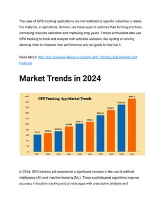The uses of GPS tracking applications are not restricted to specific industries or areas.
For instance, in agriculture, farmers use these apps to optimize their farming practices,
increasing resource utilization and improving crop yields. Fitness enthusiasts also use
GPS tracking to track and analyze their activities outdoors, like cycling or running,
allowing them to measure their performance and set goals to improve it.
Read About: Why Your Business Needs a Custom GPS Tracking App Benefits and
Features
Market Trends in 2024
In 2024, GPS trackers will experience a significant increase in the use of artificial
intelligence (AI) and machine learning (ML). These sophisticated algorithms improve
accuracy in location tracking and provide apps with prescriptive analysis and
 