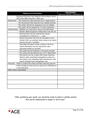 GPS Tracking Solutions for Road Maintenance Vehicles



                      Objectives & Functionality                                        REQUIREMENT
                                                                             (MUST HAVE - DESIRABLE - LATER MAYBE - NO)
            - Mapping information must integrate with existing in-house
              GIS system (ESRI, Map Info, J-Map, etc.)
Deployment: - The maintenance fleet operates from a single location
               - The maintenance fleet operates from multiple locations
               - The system will only be required on our own vehicles
               - The system will be required for 3rd-party contractors
Administration: - Multiple user access that is secure and multi-tiered
                 - Remote vehicle equipment configuration (over-the-air)
                 - Historical data must be archived and remain
                   accessible for a minimum of ___ years
                 - System information must only be accessible to users
                   located within our premises where access to our secure
                   internal network is available
                 - Controlled and secure access to some or all of our
                   system information may be required for users
                   operating outside our premises
                 - The system must be hosted by a 3rd-party provider
                 - The system must be hosted by our own IT department
                 - Information from the wireless GPS system should be
                   linked to other automated management systems (i.e.
                   time-sheets, work scheduling, fleet maintenance, road
                   patrol, municipal asset management, etc.)
Financials: - Prefer to acquire the system and keep recurring costs low
            - Prefer to keep up-front costs low and pay for utilization on
              a recurring basis
Other custom requirements




         “After qualifying your needs, you should be ready to select a suitable solution
                        that can be implemented in stages or all at once.”



                                                                                                     Page 11 of 13
 