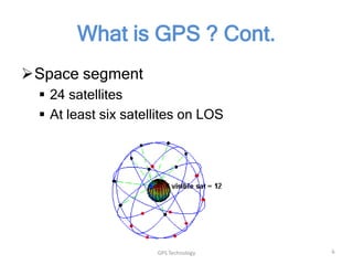 What is GPS ? Cont.
Space segment
 24 satellites
 At least six satellites on LOS

GPS Technology

6

 