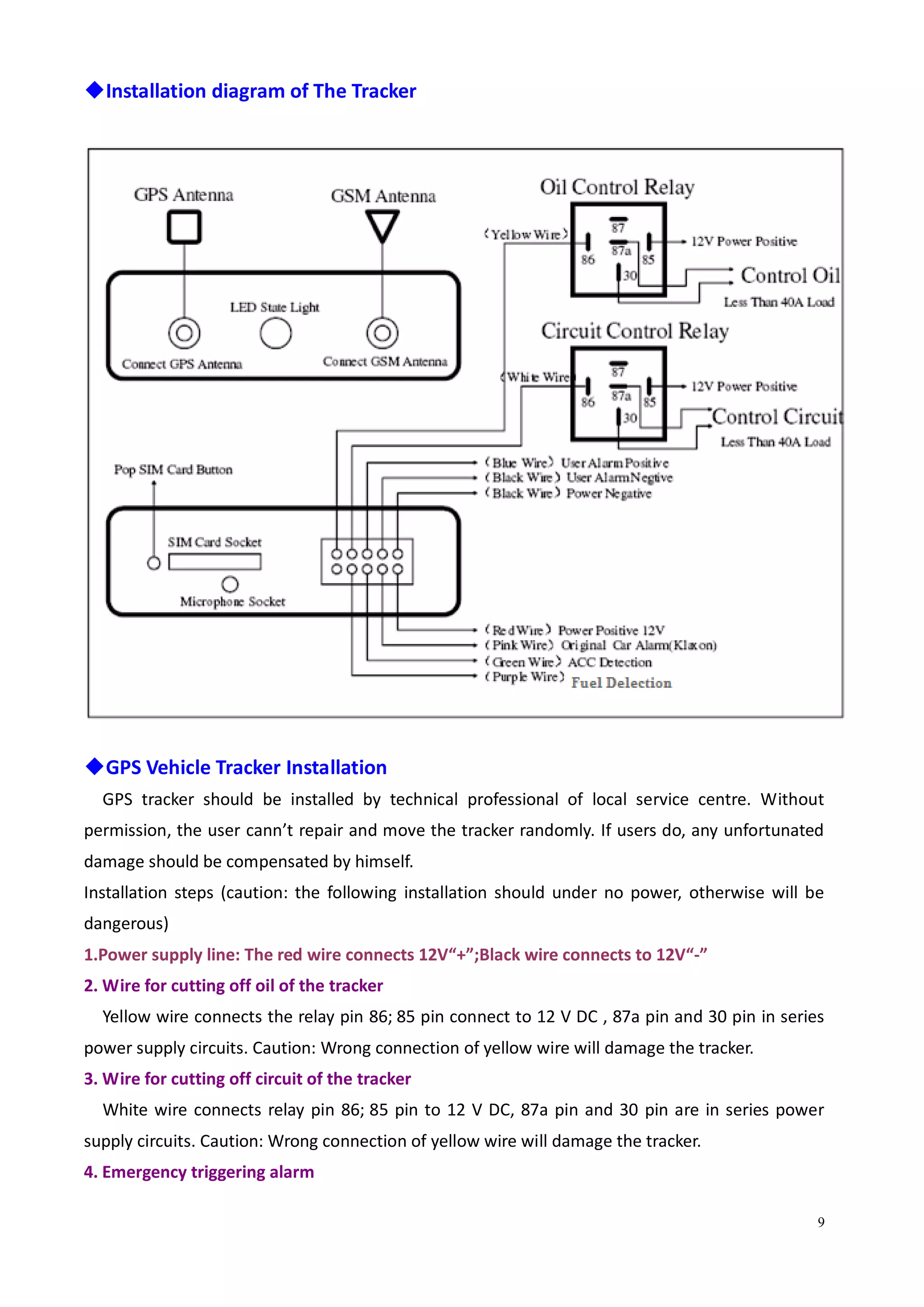 9
◆Installation diagram of The Tracker
◆GPS Vehicle Tracker Installation
GPS tracker should be installed by technical professional of local service centre. Without
permission, the user cann’t repair and move the tracker randomly. If users do, any unfortunated
damage should be compensated by himself.
Installation steps (caution: the following installation should under no power, otherwise will be
dangerous)
1.Power supply line: The red wire connects 12V“+”;Black wire connects to 12V“-”
2. Wire for cutting off oil of the tracker
Yellow wire connects the relay pin 86; 85 pin connect to 12 V DC , 87a pin and 30 pin in series
power supply circuits. Caution: Wrong connection of yellow wire will damage the tracker.
3. Wire for cutting off circuit of the tracker
White wire connects relay pin 86; 85 pin to 12 V DC, 87a pin and 30 pin are in series power
supply circuits. Caution: Wrong connection of yellow wire will damage the tracker.
4. Emergency triggering alarm
 