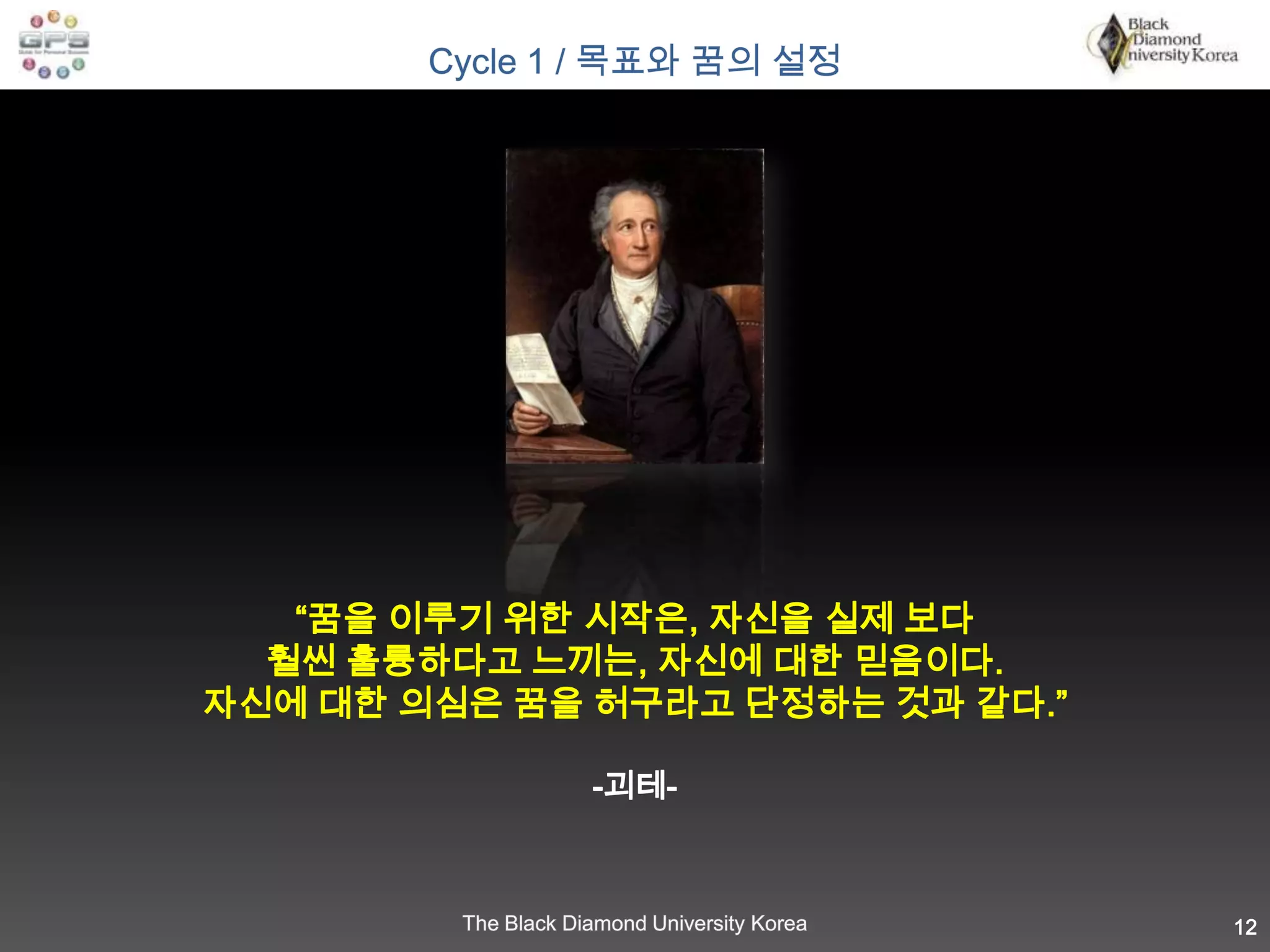“꿈을 이루기 위한 시작은, 자신을 실제 보다 훨씬 훌륭하다고 느끼는, 자신에 대한 믿음이다.  자신에 대한 의심은 꿈을 허구라고 단정하는 것과 같다.” 괴테-12Cycle 1 / 목표와 꿈의 설정