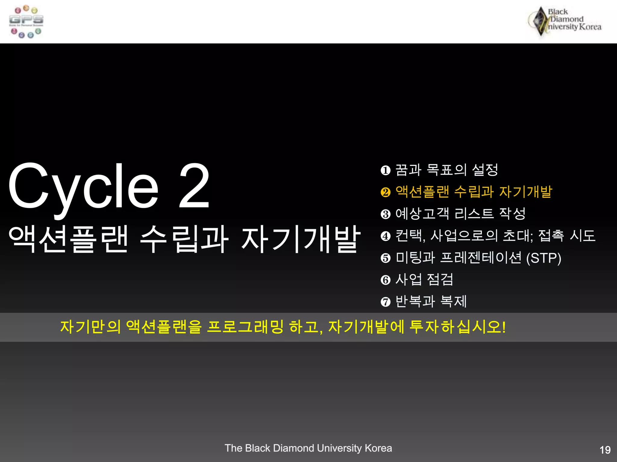 Cycle 1 / 목표와 꿈의 설정1-3 비전과 목표수립/ 1-3-3 목표수립하기■목표수립방법현재 시제로 쓰여지고,측정 가능해야 하며,성취 가능한 구체적이고,단순, 명료해야 합니다.BDU GPS- 목표수립 보드를 활용 심플하면서도 구체적인 목표를 설정해 봅시다!16