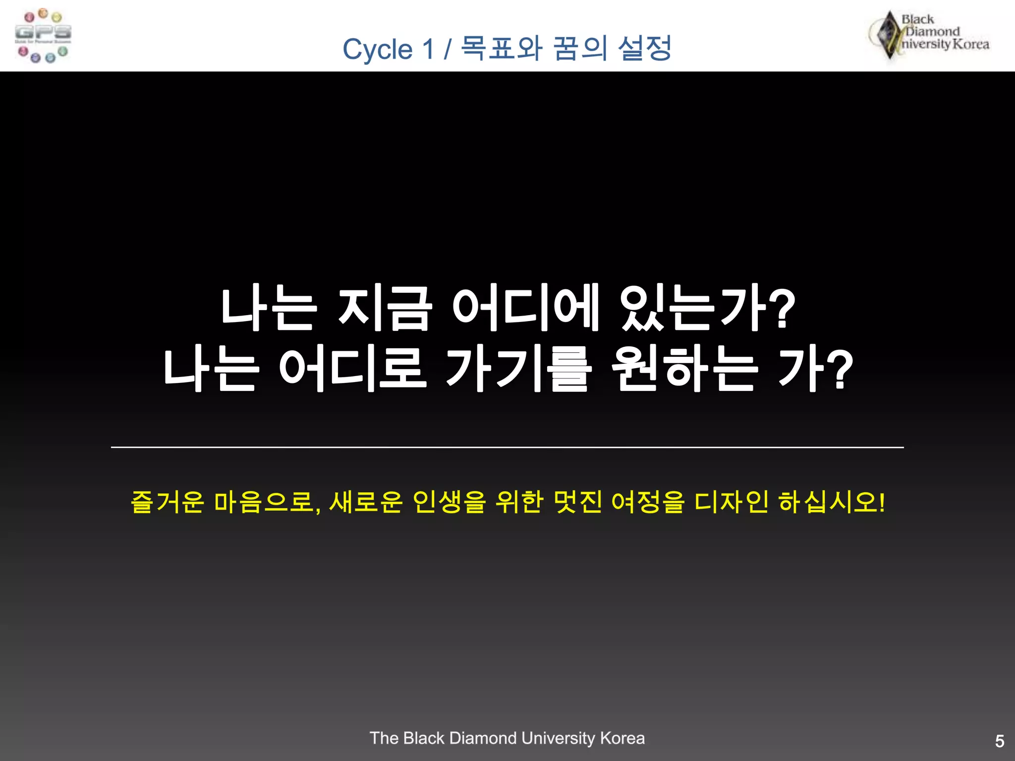 Cycle 1 / 목표와 꿈의 설정나는 지금 어디에 있는가?나는 어디로 가기를 원하는 가?즐거운 마음으로, 새로운 인생을 위한 멋진 여정을 디자인 하십시오!5