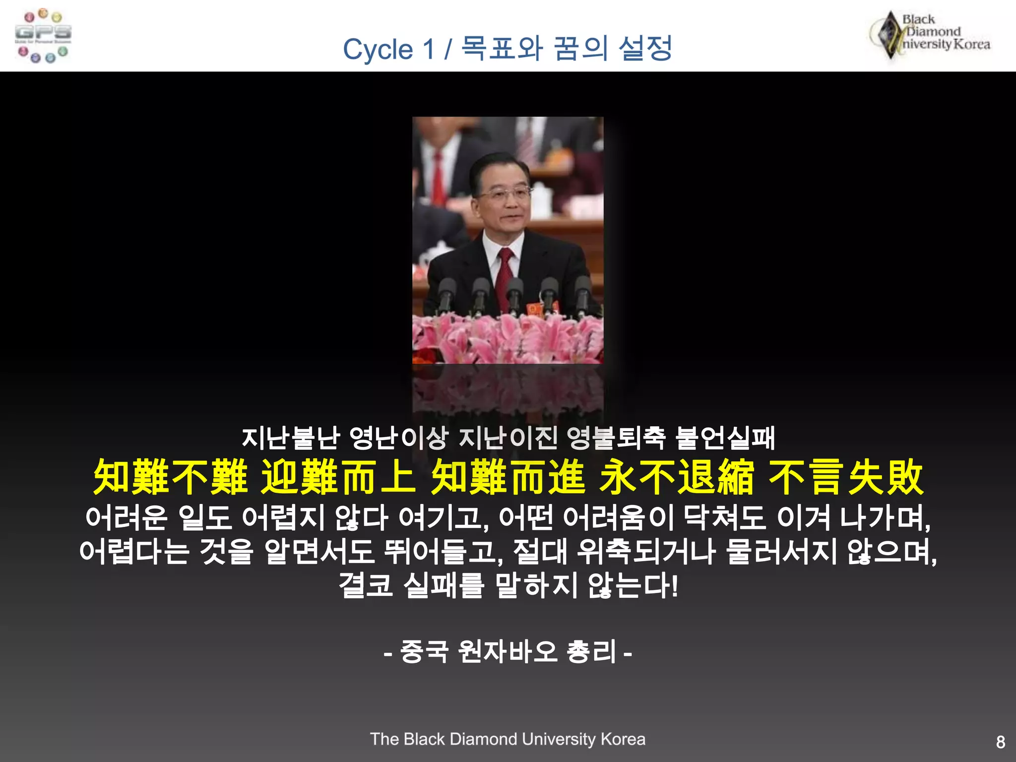 지난불난 영난이상 지난이진 영불퇴축 불언실패知難不難 迎難而上 知難而進 永不退縮 不言失敗어려운 일도 어렵지 않다 여기고, 어떤 어려움이 닥쳐도 이겨 나가며, 어렵다는 것을 알면서도 뛰어들고, 절대 위축되거나 물러서지 않으며, 결코 실패를 말하지 않는다! - 중국 원자바오 총리 -8Cycle 1 / 목표와 꿈의 설정