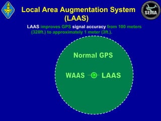 Local Area Augmentation System
(LAAS)
LAAS improves GPS signal accuracy from 100 meters
(328ft.) to approximately 1 meter (3ft.).

 