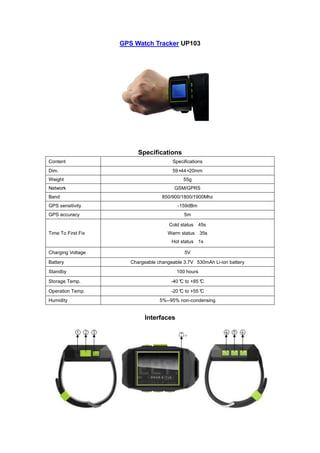 GPS Watch Tracker UP103
Specifications
Content Specifications
Dim. 59×44×20mm
Weight 55g
Network GSM/GPRS
Band 850/900/1800/1900Mhz
GPS sensitivity -159dBm
GPS accuracy 5m
Time To First Fix
Cold status 45s
Warm status 35s
Hot status 1s
Charging Voltage 5V
Battery Chargeable changeable 3.7V 530mAh Li-ion battery
Standby 100 hours
Storage Temp. -40°C to +85°C
Operation Temp. -20°C to +55°C
Humidity 5%--95% non-condensing
Interfaces
 