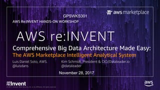 © 2017, Amazon Web Services, Inc. or its Affiliates. All rights reserved.
Comprehensive Big Data Architecture Made Easy:
The AWS Marketplace Intelligent Analytical System
Luis Daniel Soto, AWS.
@luisdans
AWS Re:INVENT HANDS-ON WORKSHOP
Kim Schmidt, President & CIO/Dataleader.io
@dataleader
GPSWKS301
November 28, 2017
AWS re:INVENT
 
