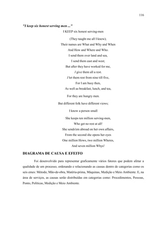 116
"I keep six honest serving men ..."
I KEEP six honest serving-men
(They taught me all I knew);
Their names are What and Why and When
And How and Where and Who.
I send them over land and sea,
I send them east and west;
But after they have worked for me,
I give them all a rest.
I let them rest from nine till five,
For I am busy then,
As well as breakfast, lunch, and tea,
For they are hungry men.
But different folk have different views;
I know a person small
She keeps ten million serving-men,
Who get no rest at all!
She sends'em abroad on her own affairs,
From the second she opens her eyes
One million Hows, two million Wheres,
And seven million Whys!
DIAGRAMA DE CAUSA E EFEITO
Foi desenvolvido para representar graficamente vários fatores que podem afetar a
qualidade de um processo, ordenando e relacionando as causas dentro de categorias como os
seis emes: Método, Mão-de-obra, Matéria-prima, Máquinas, Medição e Meio Ambiente. E, na
área de serviços, as causas serão distribuídas em categorias como: Procedimentos, Pessoas,
Ponto, Políticas, Medição e Meio Ambiente.
 