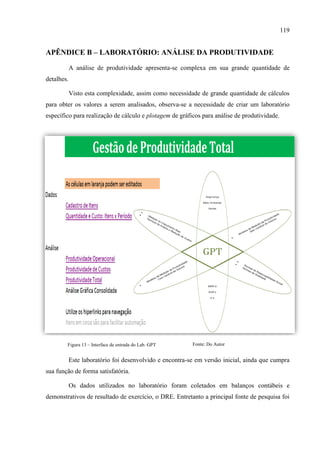 119
APÊNDICE B – LABORATÓRIO: ANÁLISE DA PRODUTIVIDADE
A análise de produtividade apresenta-se complexa em sua grande quantidade de
detalhes.
Visto esta complexidade, assim como necessidade de grande quantidade de cálculos
para obter os valores a serem analisados, observa-se a necessidade de criar um laboratório
específico para realização de cálculo e plotagem de gráficos para análise de produtividade.
Este laboratório foi desenvolvido e encontra-se em versão inicial, ainda que cumpra
sua função de forma satisfatória.
Os dados utilizados no laboratório foram coletados em balanços contábeis e
demonstrativos de resultado de exercício, o DRE. Entretanto a principal fonte de pesquisa foi
Figura 13 – Interface de entrada do Lab. GPT Fonte: Do Autor
 