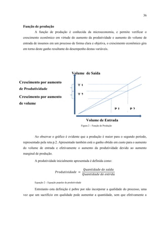 36
Função de produção
A função de produção é conhecida da microeconomia, e permite verificar o
crescimento econômico em virtude do aumento da produtividade e aumento do volume de
entrada de insumos em um processo de forma clara e objetiva, o crescimento econômico gira
em torno deste ganho resultante do desempenho destas variáveis.
Ao observar o gráfico é evidente que a produção é maior para o segundo período,
representado pela reta p.2. Apresentado também está o ganho obtido em custo para o aumento
do volume de entrada e efetivamente o aumento da produtividade devido ao aumento
marginal de produção.
A produtividade inicialmente apresentada é definida como:
Equação 2 – Equação popular da produtividade
Entretanto esta definição é pobre por não incorporar a qualidade do processo, uma
vez que um sacrifício em qualidade pode aumentar a quantidade, sem que efetivamente a
Volume de Entrada
Volume de Saída
T 1
T 2
P 2P 1
Crescimento por aumento
de Produtividade
Crescimento por aumento
de volume
Figura 2 – Função de Produção
 