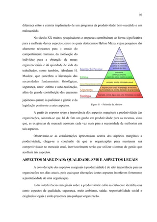 96
diferença entre a correta implantação de um programa da produtividade bem-sucedido e um
malsucedido.
No século XX muitos pesquisadores e empresas contribuíram de forma significativa
para a melhoria destes aspectos, entre os quais destacamos Helton Mayo, cujas pesquisas são
altamente relevantes para o estudo do
comportamento humano, da motivação do
individuo para a obtenção de metas
organizacionais e da qualidade de vida do
trabalhador, como também, Abraham H.
Maslow, que concebeu a hierarquia das
necessidades fundamentais: fisiológicas,
segurança, amor, estima e auto-realização,
além da grande contribuição das empresas
japonesas quanto à qualidade e gestão e da
legislação pertinente a estes aspectos.
A partir do exposto sobre a importância dos aspectos marginais a produtividade das
organizações, constata-se que, há de fato um ganho em produtividade para as mesmas, visto
que, as exigências de mercado apontam cada vez mais para a necessidade de melhorias em
tais aspectos.
Observando-se as considerações apresentadas acerca dos aspectos marginais a
produtividade, chega-se a conclusão de que as organizações para manterem sua
competitividade no mercado atual, inevitavelmente terão que utilizar sistemas de gestão que
acolham tais aspectos.
ASPECTOS MARGINAIS: QUALIDADE, SMS E ASPECTOS LEGAIS
A consideração dos aspectos marginais à produtividade é de vital importância para as
organizações nos dias atuais, pois quaisquer alterações destes aspectos interferem fortemente
a produtividade de uma organização.
Estas interferências marginais sobre a produtividade estão inicialmente identificadas
como aspectos de qualidade, segurança, meio ambiente, saúde, responsabilidade social e
exigências legais e estão presentes em qualquer organização.
Figura 11 – Pirâmide de Maslow
 