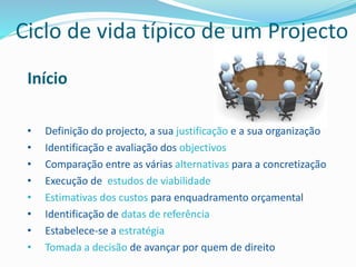 Ciclo de vida típico de um Projecto
Início
• Definição do projecto, a sua justificação e a sua organização
• Identificação e avaliação dos objectivos
• Comparação entre as várias alternativas para a concretização
• Execução de estudos de viabilidade
• Estimativas dos custos para enquadramento orçamental
• Identificação de datas de referência
• Estabelece-se a estratégia
• Tomada a decisão de avançar por quem de direito
 