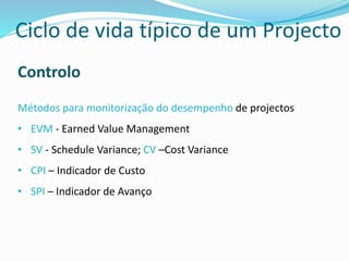 Controlo
Métodos para monitorização do desempenho de projectos
• EVM - Earned Value Management
• SV - Schedule Variance; CV –Cost Variance
• CPI – Indicador de Custo
• SPI – Indicador de Avanço
Ciclo de vida típico de um Projecto
 