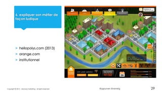 @ygourven @vismktg
6. expliquer son métier de
façon ludique
> hellopolys.com (2013)
> orange.com
> institutionnel
29Copyright © 2015 - visionary marketing - all rights reserved
 