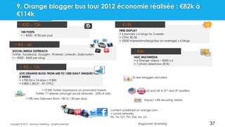 @ygourven @vismktg
FREE DISPLAY
> 6 banners x 6 blogs for 3 weeks
> CPM: €0.30
> (5000 impressions/blog/day on average) x 6 blogs
LIVE ORANGE BLOG FROM 600 TO 1300 DAILY UNIQUES FOR
2 WEEKS
> +700 DU x 14 days = 9,800
> 9,800 x (€0.51 - €1 CPC)
+12 000 Twitter impressions on promoted tweets
Twitter 1st referrer amongst social networks : 25% of visits
+15% new followers (from 100 to 130 per day)
content published on orange.com
+ social networks
Fb, Tw, G+, Pin, Dai, Ins, Lin
UGC MULTIMEDIA
> 6 Orange videos ~ €500 x 6
> 7 photo slideshows (€1K)
impact +4% recurring visitors
8 new bloggers recruited
100 POSTS
> ~ €500 - €750 per post
SOCIAL MEDIA OUTREACH
Twitter, Facebook, Google+, Pinterest, Linkedin, Dailymotion
> ~ €500 - €600 per blog
~ €50 – 75k €19k
~ €4 – 6k
€4k
~ €5 – 10k
US and UK in 2nd and 3rd position
9. Orange blogger bus tour 2012 économie réalisée : €82k à
€114k
Copyright © 2015 - visionary marketing - all rights reserved 37
 