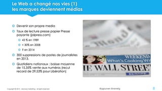 @ygourven @vismktg
Le Web a changé nos vies (1)
les marques deviennent médias
 Devenir son propre media
 Taux de lecture presse papier Presse
payante (jolpress.com)
 43 % en 1989
 < 30% en 2008
 ? en 2014
 300 suppressions de postes de journalistes
en 2013.
 Quotidiens nationaux : baisse moyenne
de 15,35% vente aux numéros (recul
record de 29,53% pour Libération)
Copyright © 2015 - visionary marketing - all rights reserved 8
 