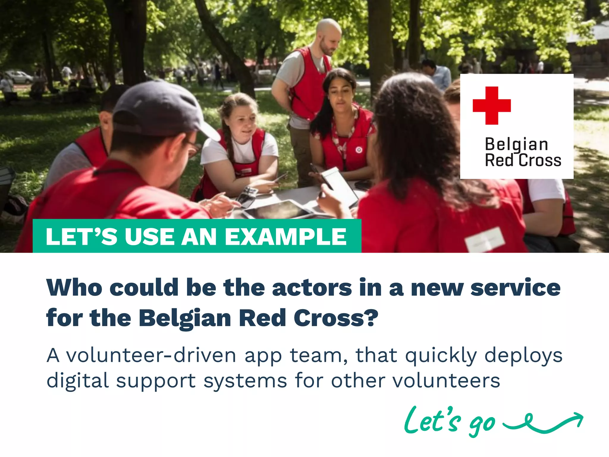 Who could be the actors in a new service
for the Belgian Red Cross?
LET’S USE AN EXAMPLE
A volunteer-driven app team, that quickly deploys
digital support systems for other volunteers
Let’s go
 