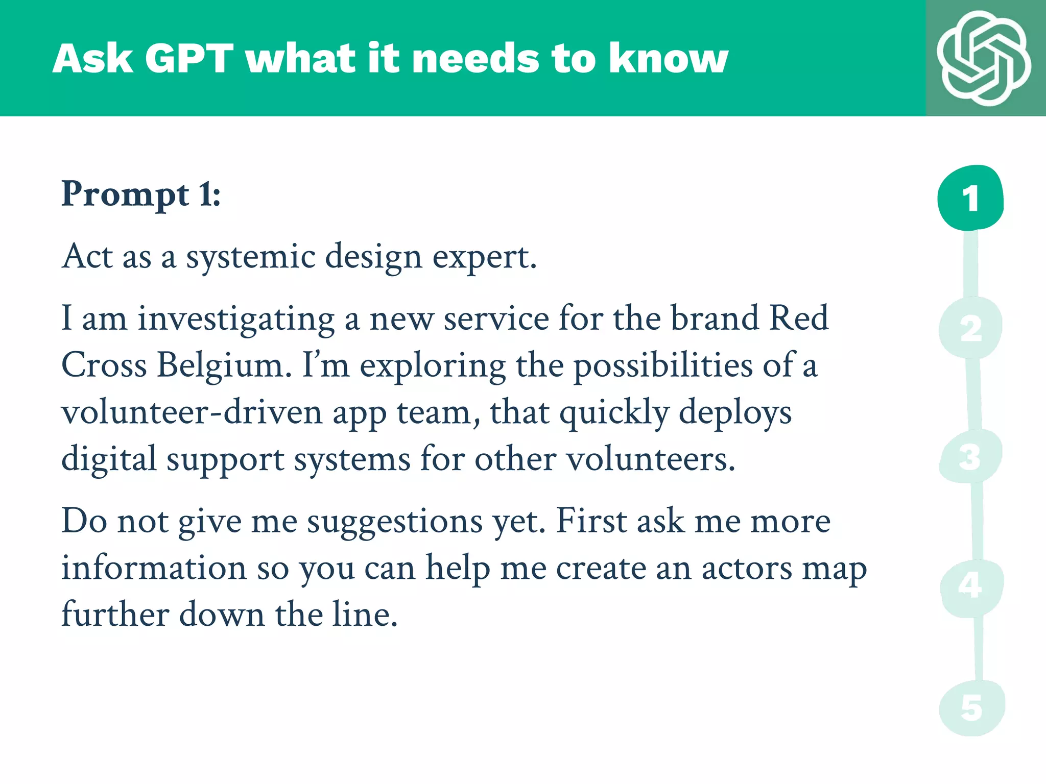 Ask GPT what it needs to know
Prompt 1:
Act as a systemic design expert.
I am investigating a new service for the brand Red
Cross Belgium. I’m exploring the possibilities of a
volunteer-driven app team, that quickly deploys
digital support systems for other volunteers.
Do not give me suggestions yet. First ask me more
information so you can help me create an actors map
further down the line.
1
2
3
4
5
 