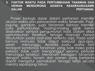 5. FAKTOR WAKTU PADA PERTUMBUHAN TANAMAN DAN 
HEWAN MENDORONG ADANYA KEANEKARAGAMN 
DALAM PERTANIAN. 
Proses biologis dasar dalam pertanian memiliki 
ukuran waktu dan persyaratan waktu tersendiri. Padi, 
jagung, gandum, juga tanaman lainnya memiliki 
pola pertumbuhan masing-masing sejak benih 
disebarkan sampai pengumutan hasil. Dalam siklus 
pertumbuhan tersebut, tenaga manusia hanya 
dibutuhkan pada saat-saat tertentu saja. Pada saat 
lainnya manusia tidak dapat berbuat apa-apa, 
selain menunggu. Apabila suatu usaha tani 
terdapat kombinasi tanaman yang baik maka para 
pekerja tidak usah menganggur selama periode 
menunggu tersebut. Menanam beragam tanaman 
dengan waktu tanam dan panen yang berbeda 
dapat mengatur pemakaian tenaga kerja secara 
merata sepanjang tahun. 
 
