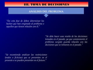III. TOMA DE DECISIONES
ANÁLISIS DEL PROBLEMA
“En esta fase de deben determinar los
hechos que han originado al problema o
aquellos que tienen relación con él.”
“Se debe hacer una reseña de las decisiones
tomadas en el pasado, ya que comúnmente el
problema surgido guarda relación con las
decisiones que se tomaron en el pasado.”
“Se recomienda analizar las restricciones
(reales o ficticias) que se presentan en el
presente o se pueden presentar en el futuro.”
 