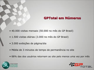 GPTotal em Números 40.000 visitas mensais (50.000 no mês do GP Brasil) 1.500 visitas diárias (3.000 no mês do GP Brasil) 3.000 exibições de página/dia Média de 3 minutos de tempo de permanência no site 66 % das dos usuários retornam ao site pelo menos uma vez por mês 