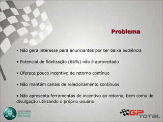 Problema Não gera interesse para anunciantes por ter baixa audiência Potencial de fidelização (66%) não é aproveitado Oferece pouco incentivo de retorno contínuo Não mantém canais de relacionamento contínuos Não apresenta ferramentas de incentivo ao retorno, bem como de divulgação utilizando o próprio usuário 