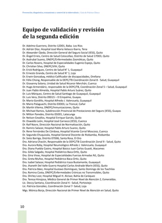 Prevención, diagnóstico, tratamiento y control de la tuberculosis / Guía de Práctica Clínica
10
Equipo de validación y revisión
de la segunda edición
Dr. Adelmo Guerrero, Distrito 12D01, Baba. Los Ríos
Dr. Adrián Díaz, Hospital José María Velasco Ibarra, Tena
Dr. Alexander Ojeda, Dirección General del Seguro Social (IESS), Quito
Dr. Ángel Erreis, Centro de Salud Cotocollao, Distrito de Salud 17D03, Quito
Dr. Asdrubal Suarez, DNEPC/Enfermedades Zoonóticas, Quito
Dr. Carlos Rosero, Hospital de Especialidades Eugenio Espejo, Quito
Dr. Christian Silva, DNEPC/VIH, Quito
Dr. Erick Rodríguez, Centro de Salud N° 1, Guayaquil
Dr. Ernesto Granda, Centro de Salud N° 1, Loja
Dr. Erwin Gonzabay, médico Calificador de discapacidades, Orellana
Dr. Félix Chong, Responsable de la DEPC/TB Coordinación Zonal 8 - Salud, Guayaquil
Dr. Giovanny Solano, Unidad de Salud Nicanor Merchán, Cuenca
Dr. Hugo Armendáriz, responsable de la DEPC/TB, Coordinación Zonal 5 – Salud, Guayaquil
Dr. Juan Pablo Almeida, Hospital Pablo Arturo Suárez, Quito
Dr. Luis Márquez, Centro de Salud Santiago de Guayaquil, Guayaquil
Dr. Luis Vera, Distrito 09D15 – El Empalme, Guayas.
Dr. Mario Gordillo, Hospital Alfredo J. Valenzuela, Guayaquil
Dr. Mario Palaguachi, Distrito 03D03, La Troncal, Cañar
Dr. Martín Vilema, DNEPC/Inmunizaciones, Quito
Dr. Michael Ramos, Subdirección Provincial de Prestaciones del Seguro (IESS), Guayas
Dr. Milton Paredes, Distrito 05D01, Latacunga
Dr. Nelson Cevallos, Hospital Enrique Garcés, Quito
Dr. Oswaldo León, Hospital José Carrasco (IESS), Cuenca
Dr. Raif Nasre, Dirección Nacional de Normatización, Quito
Dr. Ramiro Salazar, Hospital Pablo Arturo Suarez, Quito
Dr. Rene Fernández De Córdova, Hospital Vicente Corral Moscoso, Cuenca
Dr. Segundo Chuquizala, Hospital General Docente de Riobamba, Riobamba
Dr. Sixto Barriga, Distrito 07D06, Santa Rosa, El Oro
Dra. Adriana Chacón, Responsable de la DEPC/TB Coordinación Zonal 9 - Salud, Quito
Dra. Aurora Roby, Hospital Neumológico Alfredo J. Valenzuela, Guayaquil
Dra. Diana Puebla Castro, Hospital Básico Juan Carlos Guasti, Atacames
Dra. Gilda Salgado, Hospital Pediátrico Baca Ortiz, Quito
Dra. Gina Vivas, Hospital de Especialidades Fuerzas Armadas N1, Quito
Dra. Greta Muñoz, Hospital Pediátrico Baca Ortiz, Quito
Dra. Isabel Salazar, Hospital Pediátrico Icaza Bustamante, Guayaquil.
Dra. Jhaneth Del Valle Guerra Hospital Carlos Andrade Marín (IESS), Quito
Dra. Patricia Báez, Hospital Gustavo Domínguez, Santo Domingo de los Tsachilas
Dra. Romina Costa, DNEPC/Enfermedades Crónicas no Transmisibles, Quito
Dra. Shirley Loor, Hospital Miguel H. Alcívar, Bahía de Caráquez
Dra. Teresa Hinojosa, Médico General de Primer Nivel de Atención 2, Esmeraldas.
Lic. Deccy Santana, Coordinación Zonal 4 - Salud, Portoviejo
Lic. Patricia González, Coordinación Zonal 7- Salud, Loja
Mgs. Mónica Borja, Dirección Nacional de Primer Nivel de Atención en Salud, Quito
 