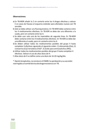Prevención, diagnóstico, tratamiento y control de la tuberculosis / Guía de Práctica Clínica
112
Observaciones:
a.	En TB-MDR añadir la Z sin contarla entre las 4 drogas efectivas y valorar
E en casos de fracaso al esquema estándar para afectados nuevos con TB
sensible.
b.	Solo se debe utilizar una fluoroquinolona. En TB-MDR debe contarse entre
los 4 medicamentos efectivos. En TB-XDR se debe dar una diferente a la
usada, pero sin contarla entre las 4.
c.	Se debe usar solo uno de los inyectables de segunda línea. En TB-MDR
debe contarse entre los 4 medicamentos efectivos. En TB-XDR se debe dar
uno diferente al usado, pero sin contarlo entre los 4.
d.	Se deben utilizar todos los medicamentos posibles del grupo 4 hasta
completar 4 efectivos siguiendo el siguiente orden: 1) etionamida (Eto); 2)
cicloserina (Cs)/ terizidona (Trd)*; 3) ácido para-aminosalicílico (PAS).
e.	Utilizar todos los medicamentos posibles del grupo 5 hasta completar 4
efectivos. Valorar el uso de altas dosis de H.
f. Altas dosis de H se define como una dosis de 16-20 mg/kg/día.
* Opción terapéutica, noconsta en el CNMB. Suaprobación ysu uso están
restringidos alcomitétécnicode drogorresistencia en TB.
 