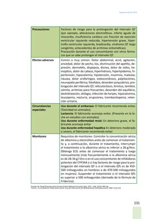 Segunda edición 2018
131
Precauciones Factores de riesgo para la prolongación del intervalo QT
(por ejemplo, alteraciones electrolíticas, infarto agudo de
miocardio, insuficiencia cardíaca con fracción de eyección
ventricular izquierda reducida, hipertensión grave, hiper-
trofia ventricular izquierda, bradicardia, síndrome QT largo
congénito, antecedentes de arritmias sintomáticas).
Precaución durante el uso concomitante con otros fárma-
cos que se sabe prolongan el intervalo QT.
Efectos adversos Común o muy común: Dolor abdominal, acné, agitación,
ansiedad, dolor de pecho, tos, disminución del apetito, de-
presión, dermatitis, dispepsia, disnea, dolor de oídos, he-
moptisis, dolor de cabeza, hiperhidrosis, hiperlipidemia, hi-
pertensión, hipocaliemia, hipotensión, insomnio, malestar,
náusea, dolor orofaríngeo, osteocondrosis, palpitaciones,
neuropatía periférica, fotofobia, desorden psiquiátrico, pro-
longación del intervalo QT, reticulocitosis, tinnitus, temblor,
vómito, arritmias poco frecuentes, desorden del equilibrio,
deshidratación, disfagia, infección de herpes, hipocalcemia,
leucopenia, nocturia, erupciones, trombocitopenia, reten-
ción urinaria.
Circunstancias
especiales
Uso durante el embarazo: El fabricante recomienda evitar.
(Toxicidad en animales).
Lactancia: El fabricante aconseja evitar. (Presente en la le-
che en estudios con animales).
Uso durante enfermedad renal: En deterioro grave, el fa-
bricante aconseja evitar
Uso durante enfermedad hepática En deterioro moderado
o severo, el fabricante recomienda evitar.
Monitoreo Requisitos de monitoreo: Controlar la concentración sérica
de albúmina y electrolitos antes de comenzar el tratamien-
to y, a continuación, durante el tratamiento, interrumpir
el tratamiento si la albúmina sérica es inferior a 28 g/litro.
Obtenga ECG antes de comenzar el tratamiento y luego
mensualmente (más frecuentemente si la albúmina sérica
es de 28-34 g/ litro o en el uso concomitante de inhibidores
potentes del CYP3A4 o si hay factores de riesgo para la pro-
longación del intervalo QT o si el intervalo QTc es de 450-
500 milisegundos en hombres o de 470-500 milisegundos
en mujeres). Suspender el tratamiento si el intervalo QTc
es superior a 500 milisegundos (derivado de la fórmula de
Fridericia).
Tomado de: Royal Pharmaceutical Society. British National Formulary (Sep. 2015 – Mar. 2016). BNF.org.
Francis J. Curry National Tuberculosis Center. Guía de Información de Medicamentos Antituberculosos. 2009. (214,215)
 