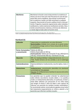 Segunda edición 2018
133
Monitoreo: Monitoree la función renal al documentar la creatinina al
menos una vez al mes (con más frecuencia en caso de que
exista falla renal o hepática). Documente la eliminación
de la creatinina si existe una falla renal basal o cualquier
sospecha. Documente la función auditiva inicial y mensual-
mente. Pregunte al paciente regularmente sobre molestias
vestibulares y realice exámenes vestibulares seriales. Docu-
mente concentraciones máximas y mínimas de referencia
si existe alguna duda sobre la función renal.
Tomado de: Royal Pharmaceutical Society. British National Formulary (Sep. 2015 – Mar. 2016). BNF.org.
Francis J. Curry National Tuberculosis Center. Guía de Información de Medicamentos Antituberculosos. 2009.(214,215)
Etambutol (E)
Indicación Tuberculosis en combinación con otros fármacos.
Bacteriostático inhibidor de la síntesis de la pared celular.
El etambutol protege contra el futuro desarrollo de fárma-
corresistencia.
Forma farmacéutica
y concentración
Tableta de 400 mg
Tableta dispersable de 100 mg
Forma parte de: Tabletas de Isoniacida 75 mg + Rifampicina
150 mg + Oirazinamida 400 mg + Etambutol 275 mg
Absorción 80% de biodisponibilidad independientemente de la co-
mida. Puede tomarse con las comidas o con el estómago
vacío.
Contraindicaciones Hipersensibilidad al medicamento, neuritis óptica, mala vi-
sión.
Interacciones Antibacterianos: concentración plasmática de etambutol
aumentada por DELAMANID.
Vacunas: los antibacterianos inactivan la vacuna oral contra
la fiebre tifoidea.
Precauciones Los pacientes que no pueden entender las advertencias
sobre efectos secundarios visuales deben, si es posible,
recibir un medicamento alternativo. En particular, el Etam-
butol debe utilizarse con precaución en los niños hasta
que tengan al menos 5 años de edad y sean capaces de
informar con precisión los cambios visuales sintomáticos.
Se recomienda realizar una prueba de agudeza visual antes
del tratamiento (especialmente en niños) y advertir a los
pacientes que informen cambios visuales.
 