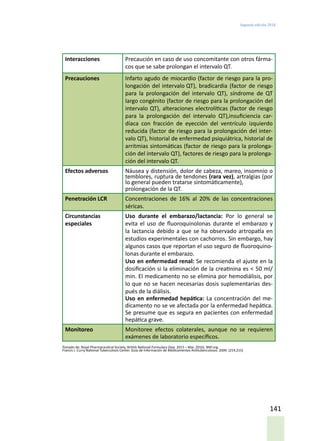 Segunda edición 2018
141
Interacciones Precaución en caso de uso concomitante con otros fárma-
cos que se sabe prolongan el intervalo QT.
Precauciones Infarto agudo de miocardio (factor de riesgo para la pro-
longación del intervalo QT), bradicardia (factor de riesgo
para la prolongación del intervalo QT), síndrome de QT
largo congénito (factor de riesgo para la prolongación del
intervalo QT), alteraciones electrolíticas (factor de riesgo
para la prolongación del intervalo QT),insuficiencia car-
díaca con fracción de eyección del ventrículo izquierdo
reducida (factor de riesgo para la prolongación del inter-
valo QT), historial de enfermedad psiquiátrica, historial de
arritmias sintomáticas (factor de riesgo para la prolonga-
ción del intervalo QT), factores de riesgo para la prolonga-
ción del intervalo QT.
Efectos adversos Náusea y distensión, dolor de cabeza, mareo, insomnio o
temblores, ruptura de tendones (rara vez), artralgias (por
lo general pueden tratarse sintomáticamente),
prolongación de la QT.
Penetración LCR Concentraciones de 16% al 20% de las concentraciones
séricas.
Circunstancias
especiales
Uso durante el embarazo/lactancia: Por lo general se
evita el uso de fluoroquinolonas durante el embarazo y
la lactancia debido a que se ha observado artropatía en
estudios experimentales con cachorros. Sin embargo, hay
algunos casos que reportan el uso seguro de fluoroquino-
lonas durante el embarazo.
Uso en enfermedad renal: Se recomienda el ajuste en la
dosificación si la eliminación de la creatinina es < 50 ml/
min. El medicamento no se elimina por hemodiálisis, por
lo que no se hacen necesarias dosis suplementarias des-
pués de la diálisis.
Uso en enfermedad hepática: La concentración del me-
dicamento no se ve afectada por la enfermedad hepática.
Se presume que es segura en pacientes con enfermedad
hepática grave.
Monitoreo Monitoree efectos colaterales, aunque no se requieren
exámenes de laboratorio específicos.
Tomado de: Royal Pharmaceutical Society. British National Formulary (Sep. 2015 – Mar. 2016). BNF.org.
Francis J. Curry National Tuberculosis Center. Guía de Información de Medicamentos Antituberculosos. 2009. (214,215)
 