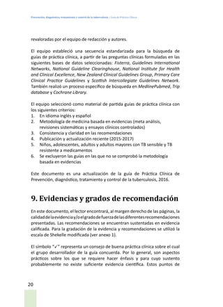 Prevención, diagnóstico, tratamiento y control de la tuberculosis / Guía de Práctica Clínica
20
revaloradas por el equipo de redacción y autores.
El equipo estableció una secuencia estandarizada para la búsqueda de
guías de práctica clínica, a partir de las preguntas clínicas formuladas en las
siguientes bases de datos seleccionadas: Fisterra, Guidelines International
Networks, National Guideline Clearinghouse, National Institute for Health
and Clinical Excellence, New Zealand Clinical Guidelines Group, Primary Care      
Clinical Practice Guidelines y Scottish Intercollegiate Guidelines Network.
También realizó un proceso específico de búsqueda en MedlinePubmed, Trip
database y Cochrane Library.
El equipo seleccionó como material de partida guías de práctica clínica con
los siguientes criterios:
1.	 En idioma inglés y español
2.	 Metodología de medicina basada en evidencias (meta análisis,
revisiones sistemáticas y ensayos clínicos controlados)
3.	 Consistencia y claridad en las recomendaciones
4.	 Publicación y actualización reciente (2015-2017)
5.	 Niños, adolescentes, adultos y adultos mayores con TB sensible y TB
resistente a medicamentos
6.	 Se excluyeron las guías en las que no se comprobó la metodología
basada en evidencias
Este documento es una actualización de la guía de Práctica Clínica de
Prevención, diagnóstico, tratamiento y control de la tuberculosis, 2016.
9. Evidencias y grados de recomendación
En este documento, el lector encontrará, al margen derecho de las páginas, la
calidaddelaevidenciay/oelgradodefuerzadelasdiferentesrecomendaciones
presentadas. Las recomendaciones se encuentran sustentadas en evidencia
calificada. Para la gradación de la evidencia y recomendaciones se utilizó la
escala de Shekelle modificada (ver anexo 1).
El símbolo “ ” representa un consejo de buena práctica clínica sobre el cual
el grupo desarrollador de la guía concuerda. Por lo general, son aspectos
prácticos sobre los que se requiere hacer énfasis y para cuyo sustento
probablemente no existe suficiente evidencia científica. Estos puntos de
 