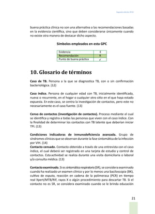 Segunda edición 2018
21
buena práctica clínica no son una alternativa a las recomendaciones basadas
en la evidencia científica, sino que deben considerarse únicamente cuando
no existe otra manera de destacar dicho aspecto.
Símbolos empleados en esta GPC
Evidencia E
Recomendación R
Punto de buena práctica
10. Glosario de términos
Caso de TB. Persona a la que se diagnostica TB, con o sin confirmación
bacteriológica. (12)
Caso índice. Persona de cualquier edad con TB, inicialmente identificada,
nueva o recurrente, en el hogar o cualquier otro sitio en el que haya estado
expuesta. En este caso, se centra la investigación de contactos, pero este no
necesariamente es el caso fuente. (13)
Censo de contactos (investigación de contactos). Proceso mediante el cual
se identifica y registra a todas las personas que viven con el caso índice. Con
la finalidad de determinar los contactos con TB latente que deberían iniciar
TPI. (13)
Condiciones indicadoras de inmunodeficiencia avanzada. Grupo de
síndromes clínicos que se observan durante la fase sintomática de la infección
por VIH. (14)
Contacto censado. Contacto obtenido a través de una entrevista con el caso
índice, el cual deberá ser registrado en una tarjeta de estudio y control de
contactos. Esta actividad se realiza durante una visita domiciliaria o laboral
y/o consulta médica. (13)
Contactoexaminado. Siessintomáticorespiratorio(SR),seconsideraexaminado
cuando ha realizado un examen clínico y por lo menos una baciloscopia (BK),
cultivo de esputo, reacción en cadena de la polimerasa (PCR) en tiempo
real Xpert/MTB/RIF, rayos X o algún procedimiento para descartar TB. Si el
contacto no es SR, se considera examinado cuando se le brinda educación
 