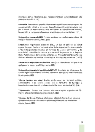 Segunda edición 2018
23
misma que para la TB sensible. Este riesgo aumenta en comunidades con alta
prevalencia de TB R. (18)
Reversión. Se considera que el cultivo revierte a positivo cuando, después de
una conversión inicial, se presentan dos cultivos positivos consecutivos, con
por lo menos un intervalo de 30 días. Para definir el fracaso del tratamiento,
la reversión se considera solo cuando se produce en la segunda fase. (12)
Sintomático respiratorio (SR). Persona que tiene tos con flema por más de 15
días (las tres condiciones juntas). (19)
Sintomático respiratorio esperado (SRE). SR que el personal de salud
espera detectar. Desde el punto de vista de la programación, corresponde
a 4% de las primeras consultas en mayores de 15 años (preventivas y de
morbilidad), atendidas intramural y extramural, ingresadas en el Registro
Diario Automatizado de Consultas y Atenciones Ambulatorias (RDACAA), o su
similar y a la atención médica, odontológica, psicológica y obstétrica. (19,20)
Sintomático respiratorio examinado (SREx): SR identificado al que se le
realiza por lo menos una BK de esputo. (19)
Sintomático respiratorio identificado (SRI). SR detectado por el personal de
salud o agente comunitario e inscrito en el Libro de Registro de Sintomáticos
Respiratorios. (19)
Talento humano en salud. Equipo conformado por personal médico,
administrativo y de apoyo, acorde con la normativa de tipología y
licenciamiento establecida por la Autoridad Sanitaria Nacional (ASN). (19)
TB presuntiva. Persona que presenta síntomas o signos sugestivos de TB.
Incluye a los sintomáticos respiratorios (SR). (12)
Triángulo de Grocco. Matidez relativa que adopta la forma de un triángulo
que se observa en el lado sano de pacientes portadores de un derrame
pleural líquido. (16)
 