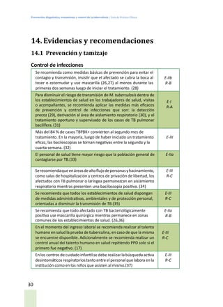 Prevención, diagnóstico, tratamiento y control de la tuberculosis / Guía de Práctica Clínica
30
14.	Evidencias y recomendaciones
14.1	 Prevención y tamizaje
Control de infecciones
Se recomienda como medidas básicas de prevención para evitar el
contagio y transmisión, insistir que el afectado se cubra la boca al
toser o estornudar y use mascarilla (26,27) al menos durante las
primeras dos semanas luego de iniciar el tratamiento. (28)
E-IIb
R-B
Para disminuir el riesgo de transmisión de M. tuberculosis dentro de
los establecimientos de salud en los trabajadores de salud, visitas
o acompañantes, se recomienda aplicar las medidas más eficaces
de prevención y control de infecciones que son: la detección
precoz (29), derivación al área de aislamiento respiratorio (30), y el
tratamiento oportuno y supervisado de los casos de TB pulmonar
bacilífera. (31)
E-I
R-A
Más del 84 % de casos TBPBK+ convierten al segundo mes de
tratamiento. En la mayoría, luego de haber iniciado un tratamiento
eficaz, las baciloscopias se tornan negativas entre la segunda y la
cuarta semana. (32)
E-III
El personal de salud tiene mayor riesgo que la población general de
contagiarse por TB.(33)
E-IIa
Serecomiendaqueenáreasdealtoflujodepersonasyhacinamiento,
como salas de hospitalización y centros de privación de libertad, los
afectados con TB pulmonar o laríngea permanezcan en aislamiento
respiratorio mientras presenten una baciloscopia positiva. (34)
E-III
R-C
Se recomienda que todos los establecimientos de salud dispongan
de medidas administrativas, ambientales y de protección personal,
orientadas a disminuir la transmisión de TB.(35)
E-III
R-C
Se recomienda que todo afectado con TB bacteriológicamente
positiva use mascarilla quirúrgica mientras permanece en zonas
comunes de los establecimientos de salud. (26,36)
E-IIa
R-B
En el momento del ingreso laboral se recomienda realizar al talento
humano en salud la prueba de tuberculina, en caso de que la misma
se encuentre disponible. Adicionalmente se recomienda realizar un
control anual del talento humano en salud repitiendo PPD solo si el
primero fue negativo. (17)
E-III
R-C
En los centros de cuidado infantil se debe realizar la búsqueda activa
desintomáticos respiratorios tanto entre el personalque labora en la
institución como en los niños que asisten al mismo.(37)
E-III
R-C
 