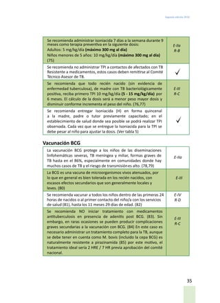 Segunda edición 2018
35
Se recomienda administrar isoniacida 7 días a la semana durante 9
meses como terapia preventiva en la siguiente dosis:
Adultos: 5 mg/kg/día (máximo 300 mg al día)
Niños menores de 5 años: 10 mg/kg/día (máximo 300 mg al día)
(75)
E-IIa
R-B
Se recomienda no administrar TPI a contactos de afectados con TB
Resistente a medicamentos, estos casos deben remitirse al Comité
Técnico Asesor de TB.
Se recomienda que todo recién nacido (sin evidencia de
enfermedad tuberculosa), de madre con TB bacteriológicamente
positiva, reciba primero TPI 10 mg/kg/día (5 - 15 mg/kg/día) por
6 meses. El cálculo de la dosis será a menor peso mayor dosis y
disminuir conforme incrementa el peso del niño. (76,77)
E-III
R-C
Se recomienda entregar Isoniacida (H) en forma quincenal
a la madre, padre o tutor previamente capacitado; en el
establecimiento de salud donde sea posible se podrá realizar TPI
observada. Cada vez que se entregue la Isoniacida para la TPI se
debe pesar al niño para ajustar la dosis. (Ver tabla 5)
Vacunación BCG
La vacunación BCG protege a los niños de las diseminaciones
linfohemáticas severas, TB meníngea y miliar, formas graves de
TB hasta en el 86%, especialmente en comunidades donde hay
muchos casos de TB y el riesgo de transmisiónes alto. (78,79)
E-IIa
La BCG es una vacuna de microorganismos vivos atenuados, por
lo que en general es bien tolerada en los recién nacidos, con
escasos efectos secundarios que son generalmente locales y
leves. (80)
E-III
Se recomienda vacunar a todos los niños dentro de las primeras 24
horas de nacidos o al primer contacto del niño/a con los servicios
de salud (81), hasta los 11 meses 29 días de edad. (82)
E-IV
R-D
Se recomienda NO iniciar tratamiento con medicamentos
antituberculosis en presencia de adenitis post BCG. (83). Sin
embargo, en raras ocasiones se pueden producir complicaciones
graves secundarias a la vacunación con BCG. (84) En este caso es
necesario administrar un tratamiento completo para la TB, aunque
se debe tener en cuenta como M. bovis (incluido la cepa BCG) es
naturalmente resistente a pirazinamida (85) por este motivo, el
tratamiento ideal sería 2 HRE / 7 HR previa aprobación del comité
nacional.
E-III
R-C
 