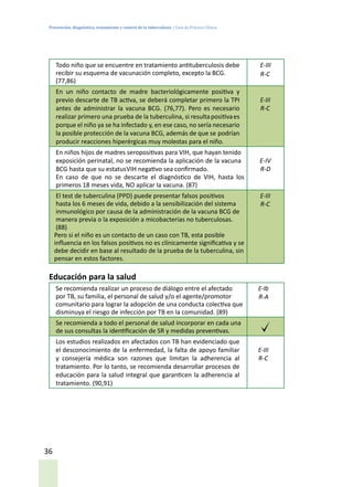 Prevención, diagnóstico, tratamiento y control de la tuberculosis / Guía de Práctica Clínica
36
Todo niño que se encuentre en tratamiento antituberculosis debe
recibir su esquema de vacunación completo, excepto la BCG.
(77,86)
E-III
R-C
En un niño contacto de madre bacteriológicamente positiva y
previo descarte de TB activa, se deberá completar primero la TPI
antes de administrar la vacuna BCG. (76,77). Pero es necesario
realizar primero una prueba de la tuberculina, si resultapositivaes
porque el niño ya se ha infectado y, en ese caso, no sería necesario
la posible protección de la vacuna BCG, además de que se podrían
producir reacciones hiperérgicas muy molestas para el niño.
E-III
R-C
En niños hijos de madres seropositivas para VIH, que hayan tenido
exposición perinatal, no se recomienda la aplicación de la vacuna
BCG hasta que su estatusVIH negativo sea confirmado.
En caso de que no se descarte el diagnóstico de VIH, hasta los
primeros 18 meses vida, NO aplicar la vacuna. (87)
E-IV
R-D
El test de tuberculina (PPD) puede presentar falsos positivos
hasta los 6 meses de vida, debido a la sensibilización del sistema
inmunológico por causa de la administración de la vacuna BCG de
manera previa o la exposición a micobacterias no tuberculosas.
(88)
Pero si el niño es un contacto de un caso con TB, esta posible
influencia en los falsos positivos no es clínicamente significativa y se
debe decidir en base al resultado de la prueba de la tuberculina, sin
pensar en estos factores.
E-III
R-C
Educación para la salud
Se recomienda realizar un proceso de diálogo entre el afectado
por TB, su familia, el personal de salud y/o el agente/promotor
comunitario para lograr la adopción de una conducta colectiva que
disminuya el riesgo de infección por TB en la comunidad. (89)
E-Ib
R-A
Se recomienda a todo el personal de salud incorporar en cada una
de sus consultas la identificación de SR y medidas preventivas.
Los estudios realizados en afectados con TB han evidenciado que
el desconocimiento de la enfermedad, la falta de apoyo familiar
y consejería médica son razones que limitan la adherencia al
tratamiento. Por lo tanto, se recomienda desarrollar procesos de
educación para la salud integral que garanticen la adherencia al
tratamiento. (90,91)
E-III
R-C
 