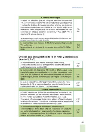 Segunda edición 2018
41
6. Criterio inmunológico
En todas las personas, que por cualquier indicación iniciarán una
TPI, se recomienda descartar TB activa mediante diagnóstico clínico
y radiografía de tórax. En Ecuador se deben priorizar los siguientes
grupos cuando presenten una reacción al PPD* igual o mayor en su
diámetro a 5mm: personas que van a iniciar tratamiento anti TNF,
pacientes con Silicosis, pacientes con diálisis, y PVV. (117) Ver el
algoritmo TB latente. (Anexo 9)
*El Derivado ProteínicoPurificado(PPD) permite detectarinfección tuberculosa, aún,
sin que sedesarrolle la enfermedad. (114,117).
E-Ib
R-B
Se recomienda a todo afectado de TB ofertar y realizar la prueba de
VIH conforme a
la normativa de la estrategia de prevención y control de VIH/SIDA.
(118)
E-III
R-C
Criterios para el diagnóstico de TB en niños y adolescentes
(Anexos 5, 6 y 7)
Se recomienda que todo médico investigue TB en niños y
adolescentes con tos crónica principalmente en contactos con TB
bacteriológicamente positiva. (67)
E-III
R-C
La confirmación del diagnóstico TB infantil es difícil porque en su
mayoría los casos son paucibacilares. En niños menores de cinco
años que no expectoran se recomienda considerar los criterios:
epidemiológico, clínico, bacteriológico, radiológico e inmunológico.
(119)
E-III
R-C
En caso de no existir los criterios previamente mencionados y ante
la sospecha de TB, se recomienda aplicar los criterios de Stegen y
Kaplan modificados por Toledo. (120) Ver anexo 6.
E-IV
R-D
1. Criterio epidemiológico
En niños menores de 5 años que se encuentren en contacto con
personas afectadas por TB Sensible o Resistente a medicamentos,
se debe realizar la prueba de PCR en tiempo real. (121–123)
El riesgo de infección es particularmente alto en niños viviendo con
un adulto afectado con TB pulmonar y debe descartarse la presencia
de enfermedad tuberculosa activa en el niño.(67,124)
E-III
R-C
Se recomienda investigar el antecedente epidemiológico,
considerando que detrás de un niño con TB siempre hay un adulto
con bacteriología positiva y las principales fuentes de exposición
están en su entorno como: lugar de residencia, centros educativos y
centros de cuidado infantil. (67,125,126)
E-III
R-C
 