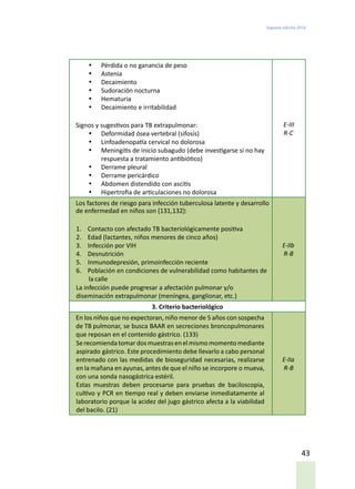 Segunda edición 2018
43
•	 Pérdida o no ganancia de peso
•	 Astenia
•	 Decaimiento
•	 Sudoración nocturna
•	 Hematuria
•	 Decaimiento e irritabilidad
Signos y sugestivos para TB extrapulmonar:
•	 Deformidad ósea vertebral (sifosis)
•	 Linfoadenopatía cervical no dolorosa
•	 Meningitis de inicio subagudo (debe investigarse si no hay
respuesta a tratamiento antibiótico)
•	 Derrame pleural
•	 Derrame pericárdico
•	 Abdomen distendido con ascitis
•	 Hipertrofia de articulaciones no dolorosa
E-III
R-C
Los factores de riesgo para infección tuberculosa latente y desarrollo
de enfermedad en niños son (131,132):
1. Contacto con afectado TB bacteriológicamente positiva
2. Edad (lactantes, niños menores de cinco años)
3. Infección por VIH
4. Desnutrición
5. Inmunodepresión, primoinfección reciente
6. Población en condiciones de vulnerabilidad como habitantes de
la calle
La infección puede progresar a afectación pulmonar y/o
diseminación extrapulmonar (meníngea, ganglionar, etc.)
E-IIb
R-B
3. Criterio bacteriológico
En los niños que no expectoran, niño menor de 5 años con sospecha
de TB pulmonar, se busca BAAR en secreciones broncopulmonares
que reposan en el contenido gástrico. (133)
Serecomiendatomardosmuestrasenelmismomomentomediante
aspirado gástrico. Este procedimiento debe llevarlo a cabo personal
entrenado con las medidas de bioseguridad necesarias, realizarse
en la mañana en ayunas, antes de que el niño se incorpore o mueva,
con una sonda nasogástrica estéril.
Estas muestras deben procesarse para pruebas de baciloscopia,
cultivo y PCR en tiempo real y deben enviarse inmediatamente al
laboratorio porque la acidez del jugo gástrico afecta a la viabilidad
del bacilo. (21)
E-IIa
R-B
 
