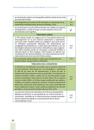 Prevención, diagnóstico, tratamiento y control de la tuberculosis / Guía de Práctica Clínica
50
Se recomienda realizar una tomografía cerebral y fondo de ojo antes
de la punción lumbar.
Ante diagnóstico presuntivo de TB meníngea se recomienda iniciar
tratamiento antituberculosis de forma inmediata. (141)
E-III
R-C
Se recomienda el uso de la PCR en tiempo real, debido a la urgencia
del diagnóstico, cuando se tenga una alta sospecha clínica y las
baciloscopias sean negativas.
Tuberculosis cutánea
La TB cutánea puede ser exógena por la inoculación directa del
microorganismo en la piel (chancro tuberculoso y tuberculosis
verrucosa cutis). También puede ser endógena, que suele ocurrir
en individuos previamente infectados, por diseminación por
contigüidad (escrofuloderma y tuberculosis periorificial) o por vía
hematógena (abscesos tuberculosos metastáticos y lupus vulgaris).
Esta última también puede ser secundaria a extensión linfática o
infección desde un foco contiguo. (141) Pueden ser además una
manifestación de hipersensibilidad a las tuberculoproteínas de M.
tuberculosis como es el caso del eritema nodoso.
E-III
R-C
Se recomienda realizar biopsia y cultivo para micobacterias en
lesiones típicas con granulomas calcificados.
E-IV
Tuberculosis ósea y osteoarticular
La TB ósea es una afectación secundaria, que se produce a partir de
un foco pulmonar diseminado por vía hematógena y representa
el 10% de los casos de TB extrapulmonar. A pesar de esto, la
evidencia de lesión pulmonar activa es de 30-50%. La localización en
columna vertebral, rodilla y cadera son las más frecuentes, siendo
común la localización sobre todo en la parte inferior de la columna
dorsal y lumbar (50%). La TB tiene mayor predilección por epífisis y
metáfisis, secundaria a afectación articular. La lesión es típicamente
destructiva, devolución lenta excéntrica, con escasa reactividad del
hueso adyacente aunque a veces puede acompañarse de reacción
perióstica y masa de partes blandas (absceso frío). (151)
E-III
R-C
Los niños han sido los másafectados conla TBmusculoesquelética
debidoalaumento de la vascularidad de sus huesos durante el
crecimiento, resultado de la infección primaria, pueden presentar
discitis tuberculosa debido a la vascularización de los discos
intervertebrales. (151)
E-III
R-C
 