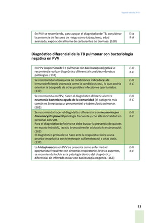 Segunda edición 2018
53
En PVV se recomienda, para apoyar el diagnóstico de TB, considerar
la presencia de factores de riesgo como tabaquismo, edad
avanzada, exposición al humo de carburantes de biomasa. (160)
E-Ia
R-A
Diagnóstico diferencial de la TB pulmonar con bacteriología
negativa en PVV
En PPVsospechosodeTBpulmonarconbaciloscopia negativa se
recomiendarealizar diagnóstico diferencial considerando otras
patologías. (137)
E-III
R-C
Se recomienda la búsqueda de condiciones indicadoras de
inmunodeficiencia avanzada como la candidiasis oral, lo que podría
orientar la búsqueda de otras posibles infecciones oportunistas.
(137)
E-III
R-C
Se recomienda en PPV, hacer el diagnóstico diferencial entre
neumonía bacteriana aguda de la comunidad (el patógeno más
común es Streptococcus pneumoniae) y tuberculosis pulmonar.
(161)
E-III
R-C
Se recomienda hacer el diagnóstico diferencial con neumonía por
Pneumocystis jirovecii patología frecuente y con alta mortalidad en
personas con VIH.
Para el diagnóstico definitivo se debe buscar la presencia de quistes
en esputo inducido, lavado broncoalveolar o biopsia transbronquial.
(162)
El diagnóstico probable se hace ante la respuesta clínica a una
prueba terapéutica con trimetropin sulfametoxazol a altas dosis.
(137)
E-III
R-C
La histoplasmosis en PVV se presenta como enfermedad
oportunista frecuente con síntomas respiratorios leves o ausentes,
se recomienda incluir esta patología dentro del diagnóstico
diferencial de infiltrado miliar con baciloscopia negativa. (163)
E-III
R-C
 