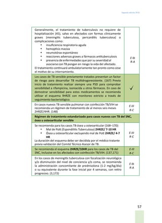 Segunda edición 2018
57
Generalmente, el tratamiento de tuberculosis no requiere de
hospitalización (45), salvo en afectados con formas clínicamente
graves (meningitis tuberculosa, pericarditis tuberculosa) o
complicaciones como:
•	 insuficiencia respiratoria aguda
•	 hemoptisis masiva
•	 neumotórax espontáneo
•	 reacciones adversas graves a fármacos antituberculosis
•	 presencia de enfermedades que por su severidad al
asociarse con TB pongan en riesgo la vida del afectado.
El tratamiento continuará ambulatoriamente tan pronto como cese
el motivo de su internamiento.
E-Ib
R-A
Los casos de TB sensible previamente tratados presentan un factor
de riesgo para desarrollar TB multidrogoresistente. (167) Previo
inicio de tratamiento realizar siempre una PSD para comprobar
sensibilidad a rifampicina, isoniacida u otros fármacos. En caso de
demostrar sensibilidad para estos medicamentos se recomienda
utilizar el esquema 9HRZE con monitoreo estricto a través de
seguimiento bacteriológico.
En casos nuevos TB sensible pulmonar con coinfección TB/VIH se
recomienda un régimen de tratamiento de al menos seis meses
2HRZE/4HR. (148)
E-III
R-C
Régimen de tratamiento estandarizado para casos nuevos con TB del SNC,
ósea u osteoarticular sensible
Se recomienda para los casos TB ósea u osteoarticular (168–170):
•	 Mal de Pott (Espondilitis Tuberculosa) 2HRZE/ 7-10 HR
•	 Ósea u osteoarticular excluyendo mal de Pott 2HRZE/ 4-7
HR
La duración del esquema debe ser decidida por el médico tratante
previa validación del Comité Técnico Asesor de TB.
E-III
R-C
Se recomienda el esquema 2HRZE/10HR para los casos de TB del
SNC, inclusive en los afectados con coinfección TB/VIH. (137,171)
E-III
R-C
En los casos de meningitis tuberculosa con focalización neurológica
y/o disminución del nivel de conciencia y/o coma, se recomienda
la administración concomitante de prednisolona (1-2 mg/kg/día)
o su equivalente durante la fase inicial por 4 semanas, con retiro
progresivo. (3,172)
E-Ib
R-A
 