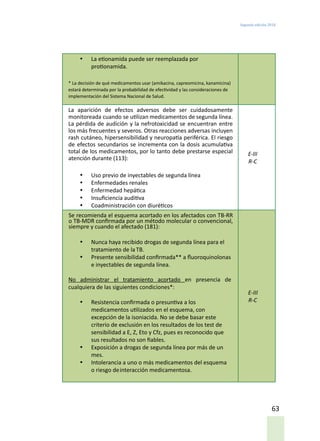 Segunda edición 2018
63
•	 La etionamida puede ser reemplazada por
protionamida.
* La decisión de qué medicamentos usar (amikacina, capreomicina, kanamicina)
estará determinada por la probabilidad de efectividad y las consideraciones de
implementación del Sistema Nacional de Salud.
La aparición de efectos adversos debe ser cuidadosamente
monitoreada cuando se utilizan medicamentos de segunda línea.
La pérdida de audición y la nefrotoxicidad se encuentran entre
los más frecuentes y severos. Otras reacciones adversas incluyen
rash cutáneo, hipersensibilidad y neuropatía periférica. El riesgo
de efectos secundarios se incrementa con la dosis acumulativa
total de los medicamentos, por lo tanto debe prestarse especial
atención durante (113):
•	 Uso previo de inyectables de segunda línea
•	 Enfermedades renales
•	 Enfermedad hepática
•	 Insuficiencia auditiva
•	 Coadministración con diuréticos
E-III
R-C
Se recomienda el esquema acortado en los afectados con TB-RR
o TB-MDR confirmada por un método molecular o convencional,
siempre y cuando el afectado (181):
•	 Nunca haya recibido drogas de segunda línea para el
tratamiento de laTB.
•	 Presente sensibilidad confirmada** a fluoroquinolonas
e inyectables de segunda línea.
No administrar el tratamiento acortado en presencia de
cualquiera de las siguientes condiciones*:
•	 Resistencia confirmada o presuntiva a los
medicamentos utilizados en el esquema, con
excepción de la isoniacida. No se debe basar este
criterio de exclusión en los resultados de los test de
sensibilidad a E, Z, Eto y Cfz, pues es reconocido que
sus resultados no son fiables.
•	 Exposición a drogas de segunda línea por más de un
mes.
•	 Intolerancia a uno o más medicamentos del esquema
o riesgo deinteracción medicamentosa.
E-III
R-C
 