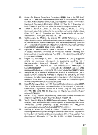 Segunda edición 2018
87
87.	 Centers for Disease Control and Prevention. (2011). How is the TST Read?
How Are TST Reactions Interpreted? Classification of the Tuberculin Skin Test
Reaction. National Center for HIV/AIDS, Viral Hepatitis, STD, and TB Prevention
Division of Tuberculosis Elimination. (Cited 2017 Sep 6). 2. Disponible en:
https://www.cdc.gov/tb/publications/factsheets/testing/skintesting.pdf
88.	 Arshad, A., Salam, RA., Lassi, ZS., Das, JK., Naqvi, I., Bhutta, ZA. (2014).
Communitybasedinterventionsforthepreventionandcontroloftuberculosis.
(Cited 2017 Sep 6). Disponible en: https://www.ncbi.nlm.nih.gov/pmc/
articles/PMC4136404/pdf/2049- 9957-3-27.pdf
89.	 Tesfahuneygn, G., Medhin G., Legesse M. (2015) Adherence to Anti-
tuberculosis treatment and treatment outcomes among tuberculosis patients
in Alamata District, northeast Ethiopia. BMC Res Notes (Internet). (Revisado
2017 Sep 6); 8(8). Disponible en: https://www.ncbi.nlm.nih.gov/pmc/articles/
PMC4588463/pdf/13104_2015_Article_14 52.pdf
90.	 Fagundez, G., Perez-Freixo H., Eyene J., Momo J. C., Biyé L., Esono T., et
al. (2016) Treatment Adherence of Tuberculosis Patients Attending Two
ReferenceUnits in EquatorialGuinea. PLoS ONE 11 (9): e0161995. doi:10.1371/
journal.pone.0161995
91.	 Bregani ER, Valcarenghi C, Tien T Van, Monzani V. (2013) Suggestive
criteria for pulmonary tuberculosis in developing countries. Int J
Mycobacteriology (Internet). (Revisado 2017 Apr 12); 2(4):211–3.
Disponible en: http://ac.els- cdn.com/S221255311300085X/1-s2.0-
S221255311300085X- main.pdf?_tid=e63818a4-1fc6-11e7-a4d1-
00000aacb35e&acdnat=1492032658_9fe2e65425dbd0c5be45212f7070dc20
92.	 Steingart KR, Ng V, Henry M, Hopewell PC, Ramsay A, Cunningham J, et al.
(2006) Sputum processing methods to improve the sensitivity of smear
microscopy for tuberculosis: a systematic review. Lancet Infect Dis (Internet).
(Revisado 2017 May 11);6(10):664–74. Disponible en: http://linkinghub.
elsevier.com/retrieve/pii/S1473309906706028
93.	 Mase SR, Ramsay A, Ng V, Henry M, Hopewell PC, Cunningham J, et al. (2007)
Yield of serial sputum specimen examinations in the diagnosis of pulmonary
tuberculosis: a systematic review. Int J Tuberc Lung Dis. May (Revisado
2017 May 11); 11(5): 485–95. Disponible en: http://www.ncbi.nlm.nih.gov/
pubmed/17439669
94.	 Ryu YJ. (2015). Diagnosis of pulmonary tuberculosis: Recent advances and
diagnostic algorithms. Tuberc Respir Dis. Seoul. 78(2):64–71.
95.	 Yan, L., Xiao, H., Zhang, Q. (2016) Systematic review: Comparison of Xpert
MTB/RIF, LAMP and SAT methods for the diagnosis of pulmonary tuberculosis.
Tuberculosis (Edinb) (Internet); 75–86. Disponible en: http://www.
sciencedirect.com/science/article/pii/S1472979215300524
96.	 Zwerling, A., White, RG., Vassall, A., Cohen, T., Dowdy, DW., Houben RMGJ.
Modeling of Novel Diagnostic Strategies for Active Tuberculosis – A Systematic
Review: Current Practices and Recommendations. (2014) Vera J, editor. PLoS
One (Internet). (Revisado 2017 Sep 11); 9 (10) : e110558. Disponible en:
 