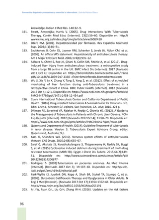 Prevención, diagnóstico, tratamiento y control de la tuberculosis / Guía de Práctica Clínica
96
knowledge. Indian J Med Res. 140:32–9.
191.	 Swart, Annoesjka; Harris V. (2005). Drug Interactions With Tuberculosis
Therapy. Contin Med Educ (Internet). 23(2):56–60. Disponible en: http://
www.cmej.org.za/index.php/cmej/article/view/608/410
192.	 Otero RM. (2002). Hepatotoxicidad por fármacos. Rev Española Reumatol
Supl. 2002;1(1):60–71.
193.	 Saukkonen JJ, Cohn DL, Jasmer RM, Schenker S, Jereb JA, Nolan CM, et al.
(2006). An official ATS statement: Hepatotoxicity of antituberculosis therapy.
Am J Respir Crit Care Med. 2006;174(8):935–52.
194.	 Abbara A, Chitty S, Roe JK, Ghani R, Collin SM, Ritchie A, et al. (2017). Drug-
induced liver injury from antituberculous treatment: a retrospective study
from a large TB centre in the UK. BMC Infect Dis (Internet). 2017 (Revisado
2017 Oct 4); Disponible en: https://bmcinfectdis.biomedcentral.com/track/
pdf/10.1186/s12879-017-2330- z?site=bmcinfectdis.biomedcentral.com
195.	 Wu S, Xia Y, Lv X, Zhang Y, Tang S, Yang Z, et al. (2012). Effect of scheduled
monitoring of liver function during anti-Tuberculosis treatment in a
retrospective cohort in China. BMC Public Health (Internet). 2012 (Revisado
2017 Oct 4);12:1. Disponible en: https://www.ncbi.nlm.nih.gov/pmc/articles/
PMC3447730/pdf/1471-2458-12-454.pdf
196.	 Curry International Tuberculosis Center and California Department of Public
Health. (2016). Drug-resistant tuberculosis A Survival Guide for Clinicians. 3rd.
Editi. Chen L, Schecter GF, editors. San Francisco, CA. USA; 2016. 324 p.
197.	 Dhiman RK, Saraswat VA, Rajekar H, Reddy C, Chawla YK. (2012). A Guide to
the Management of Tuberculosis in Patients with Chronic Liver Disease. J Clin
Exp Hepatol (Internet). 2012 (Revisado 2017 Oct 4); 2:260–70. Disponible en:
https://www.ncbi.nlm.nih.gov/pmc/articles/PMC3940527/pdf/main.pdf
198.	 QueenslandDeparmentofHealth.(2014).GuidelineTreatmentoftuberculosis
in renal disease. Version 3. Tuberculosis Expert Advisory Group, editor.
Queensland, Australia; 9 p.
199.	 Kass JS, Shandera WX. (2010). Nervous system effects of antituberculosis
therapy. CNS Drugs. 2010;24(8):655–67.
200.	 Saraf G, Akshata JS, Kuruthukulangara S, Thippeswamy H, Reddy SK, Buggi
S, et al. (2015) Cycloserine induced delirium during treatment of multi-drug
resistant tuberculosis (MDR-TB). Egypt J Chest Dis Tuberc. 2015;64(2):449–
51. Disponible en: http://www.sciencedirect.com/science/article/pii/
S0422763814200677
201.	 Rodríguez S. (2002).Tuberculosis en pacientes ancianos. An Med Interna
(Internet). (Revisado 2017 Oct 3); 19:107–10. Disponible en: http://scielo.
isciii.es/pdf/ami/v19n3/editorial.pdf
202.	 Park-Wyllie LY, Juurlink DN, Kopp A, Shah BR, Stukel TA, Stumpo C, et al.
(2006). Outpatient Gatifloxacin Therapy and Dysglycemia in Older Adults. N
Engl J Med (Internet). (Revisado 2017 Oct 17);13354:1352–61. Disponible en:
http://www.nejm.org/doi/pdf/10.1056/NEJMoa055191
203.	 Ai J-W, Ruan Q-L, Liu Q-H, Zhang W-H. (2016). Updates on the risk factors
 
