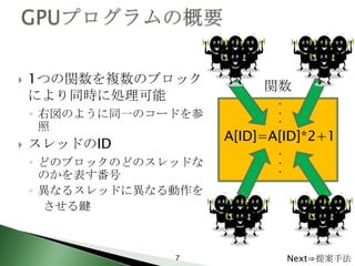    1つの関数を複数のブロック
                            関数
    により同時に処理可能               ・
    ◦ 右図のように同一のコードを参         ・
                             ・
      照
                       A[ID]=A[ID]*2+1
   スレッドのID
                             ・
    ◦ どのブロックのどのスレッドな         ・
                             ・
      のかを表す番号
    ◦ 異なるスレッドに異なる動作を
      させる鍵



                 7               Next⇒提案手法
 