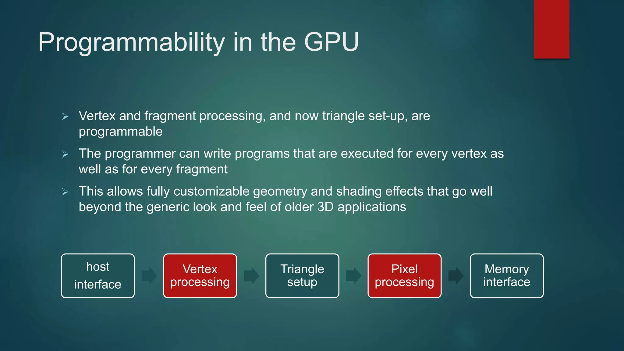 Programmability in the GPU
 Vertex and fragment processing, and now triangle set-up, are
programmable
 The programmer can write programs that are executed for every vertex as
well as for every fragment
 This allows fully customizable geometry and shading effects that go well
beyond the generic look and feel of older 3D applications
host
interface
Vertex
processing
Triangle
setup
Pixel
processing
Memory
interface
 