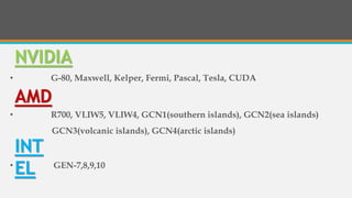 NVIDIA
• G-80, Maxwell, Kelper, Fermi, Pascal, Tesla, CUDA
AMD
• R700, VLIW5, VLIW4, GCN1(southern islands), GCN2(sea islands)
GCN3(volcanic islands), GCN4(arctic islands)
INT
EL• GEN-7,8,9,10
 
