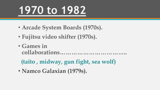 1970 to 1982
• Arcade System Boards (1970s).
• Fujitsu video shifter (1970s).
• Games in
collaborations……………………………..
(taito , midway, gun fight, sea wolf)
• Namco Galaxian (1979s).
 